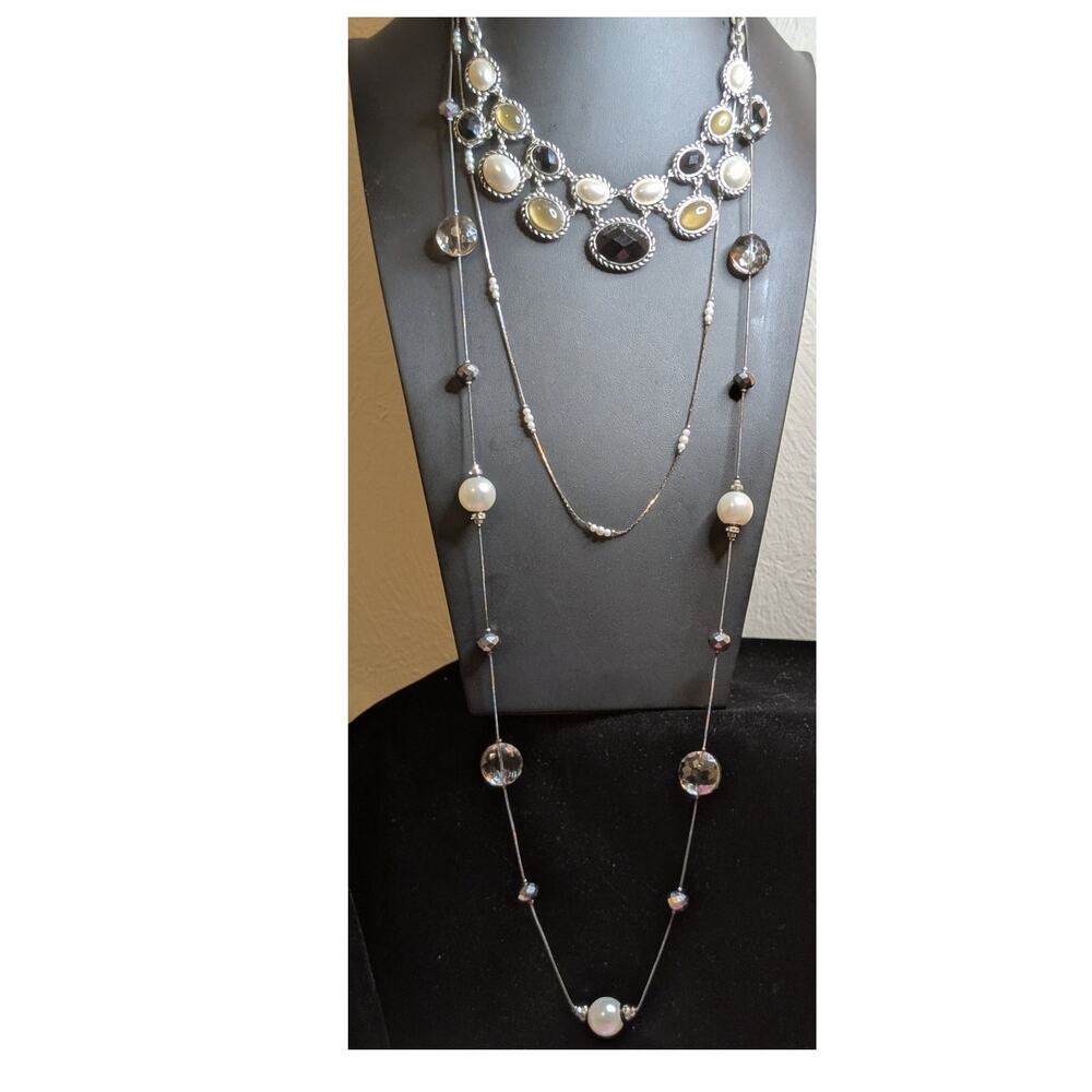 Lot of Three Layered Coordinating Pearl Crystal Bead Chain Necklaces